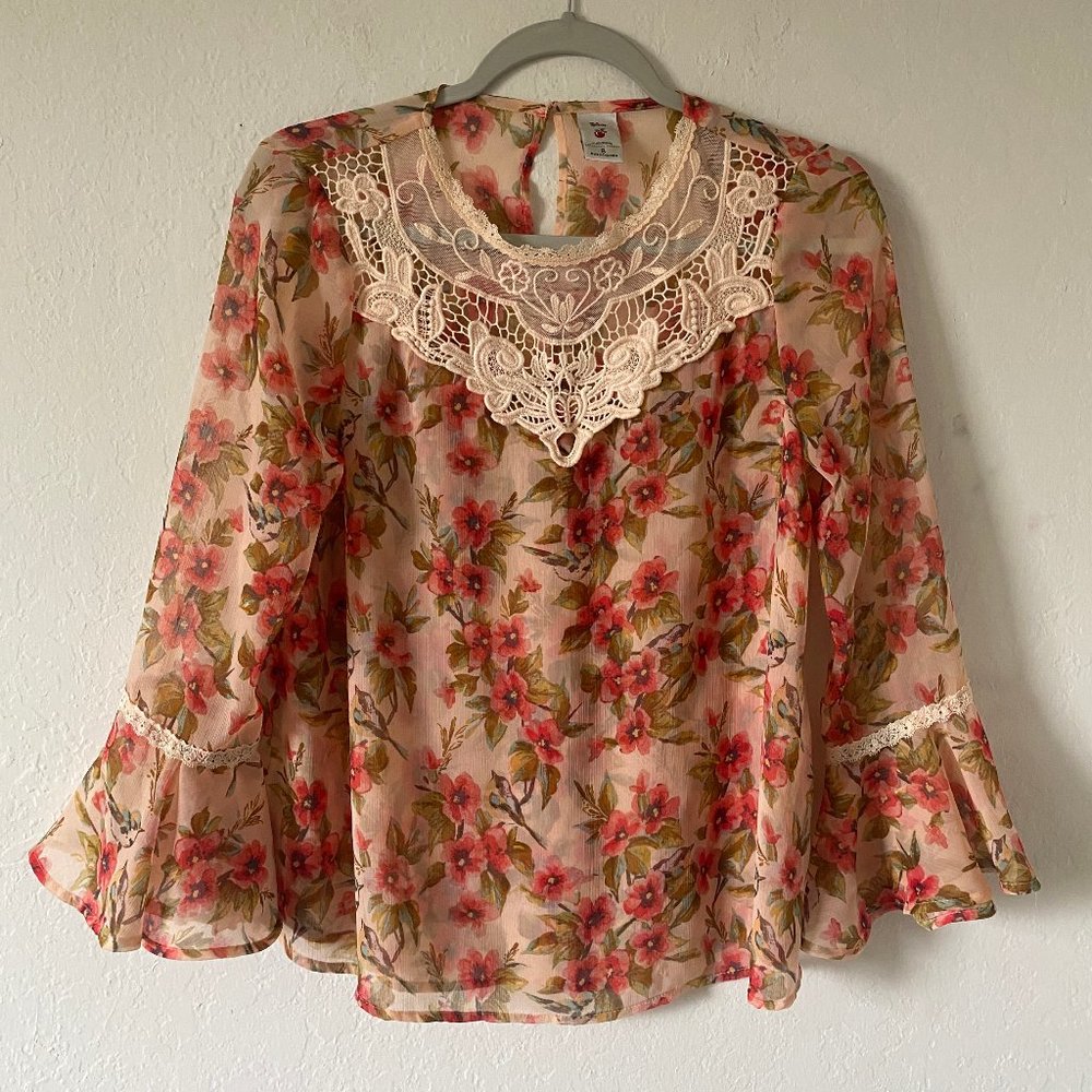 Disney Lauren Conrad Womens Blouse Floral Size S Lace Chiffon Bell Sleeve Top